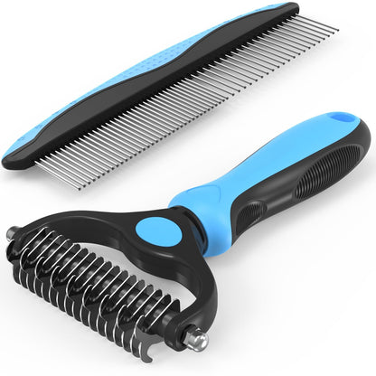 Pet Grooming Combo - Blue Deshedding Brush with Metal Comb