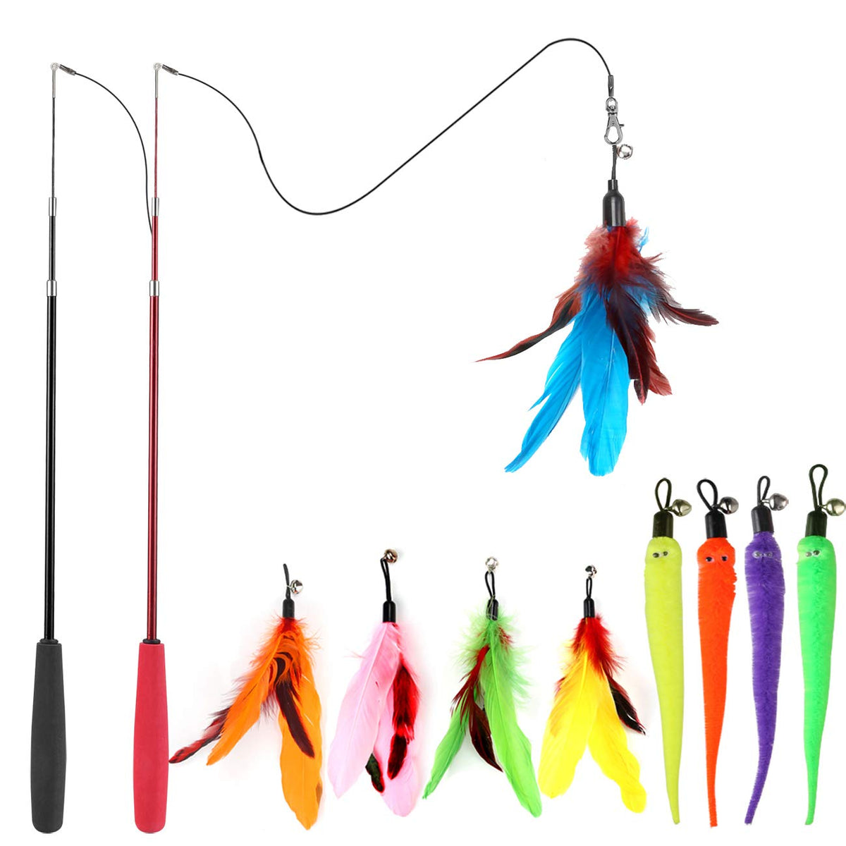 Interactive cat toy set with telescopic wands feathers and worm attachments