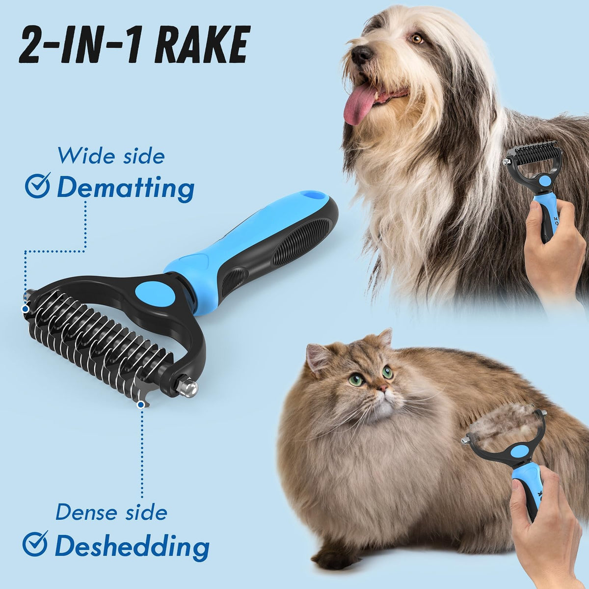 Two sided pet grooming rake for dematting and deshedding