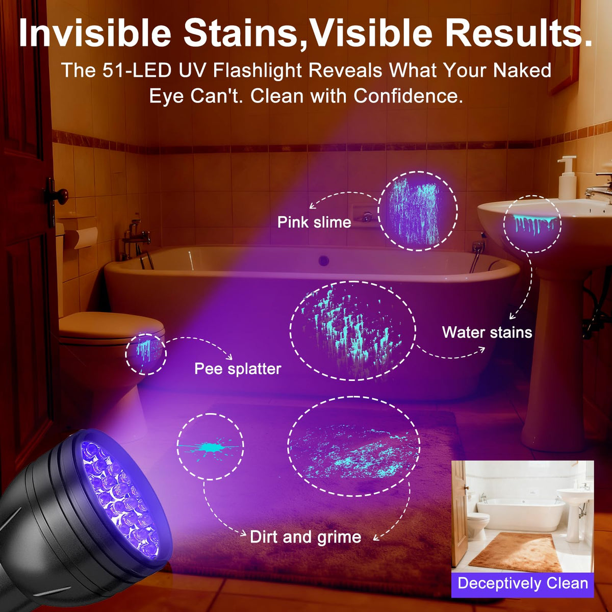 51 LED UV flashlight showing fluorescent stains and residue