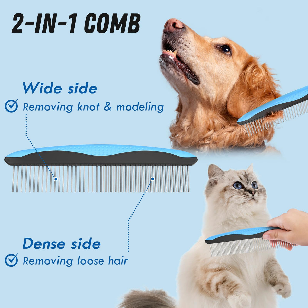 Dual density metal grooming comb for dogs and cats
