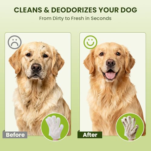 Pet wipes clean and deodorize dog coat before and after