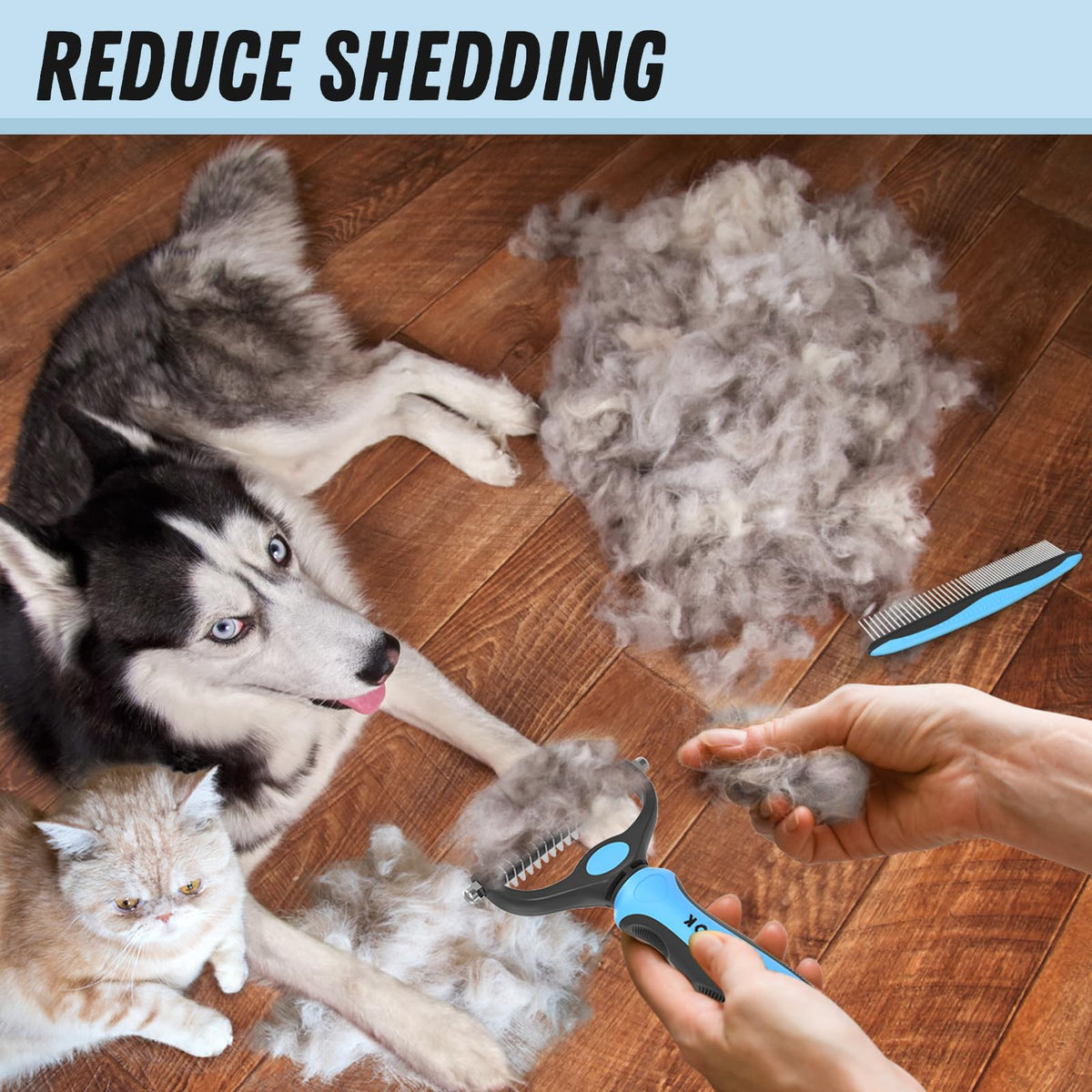 Pet grooming tools removing loose shedding hair from dogs and cats