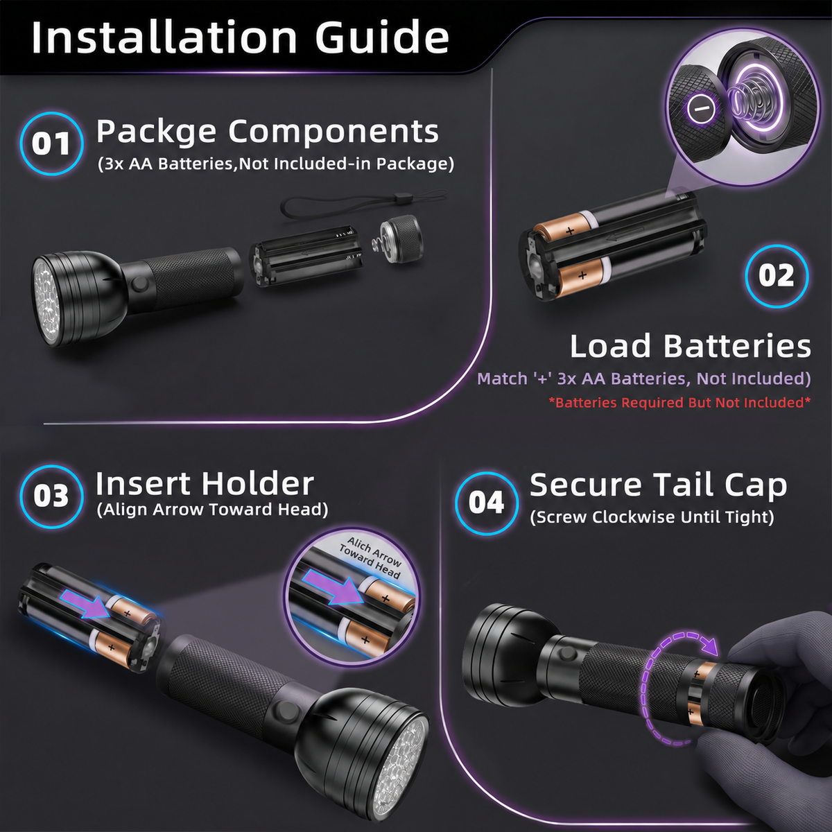 UV flashlight three AA battery installation guide