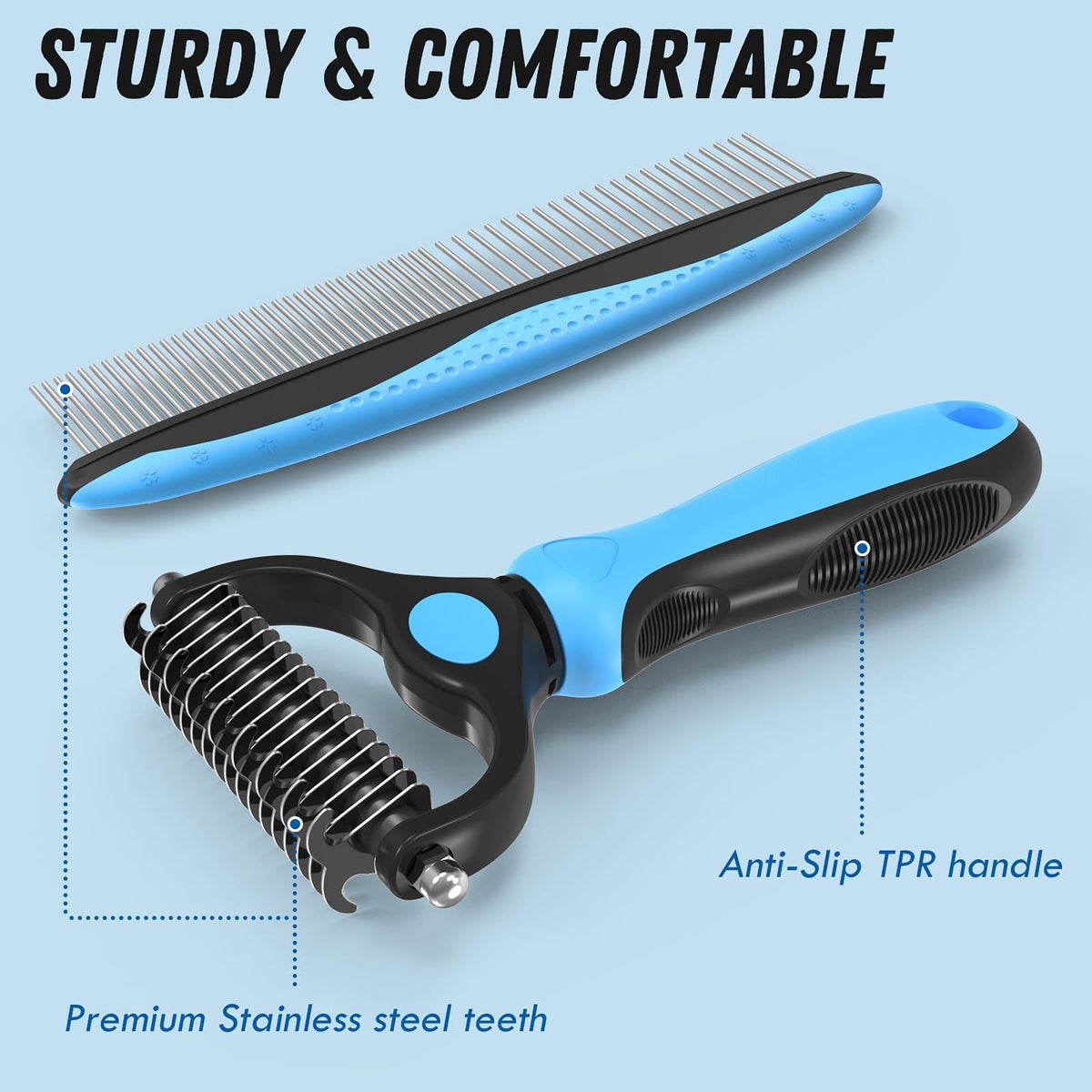 Pet Grooming Combo - Blue Deshedding Brush with Metal Comb