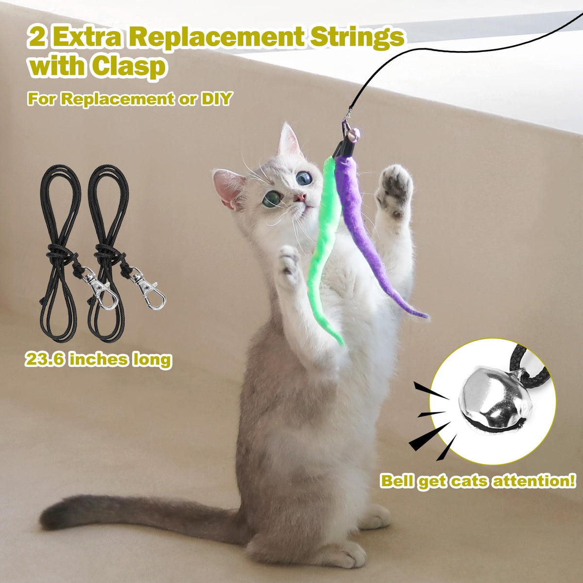 Two 23.6 inch replacement strings with clasp and bell for cat wand